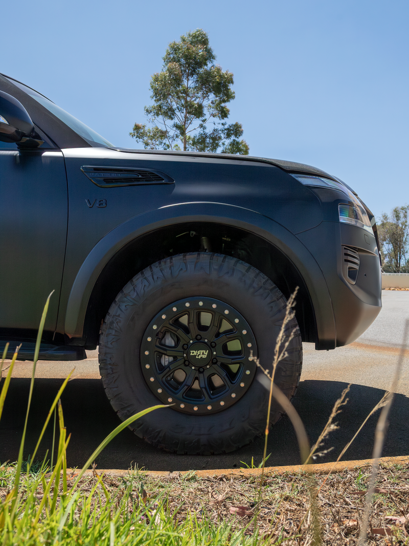 Maxxis Razr AT tyres fitted on black Dirty Life wheels on a Matte Black Y62 Nissan Patrol