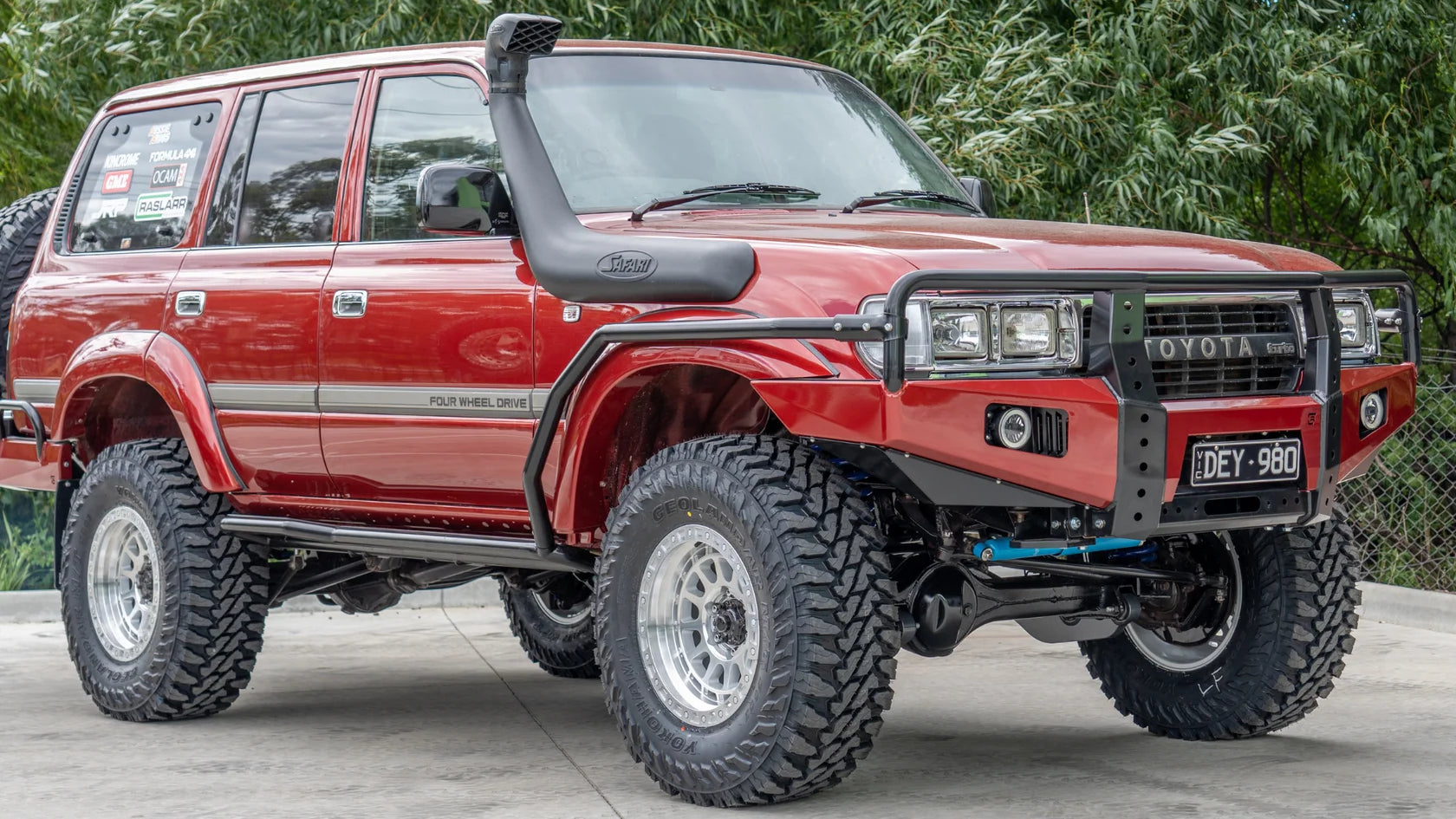 Toyota Landcruiser 80 Series fitted with a Raslarr Dallas Bullbar, Revolution Rock Sliders, V2 Rear Bar