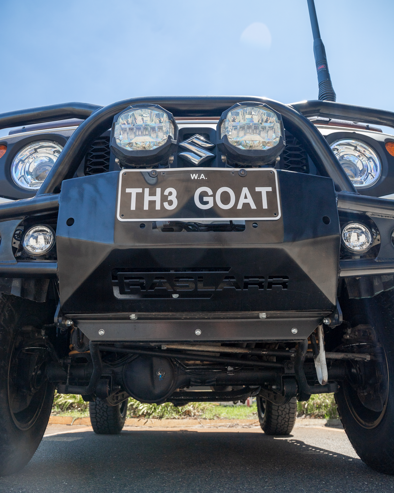 JB74 Suzuki Jimny fitted with Raslarr Rear bar, Revolution Rock Sliders, Azza Bullbar, Manta Performance Exhaust, Tough Dog Suspension, Harrop Performance TVS900 Supercharger, Redarc Tow Pro