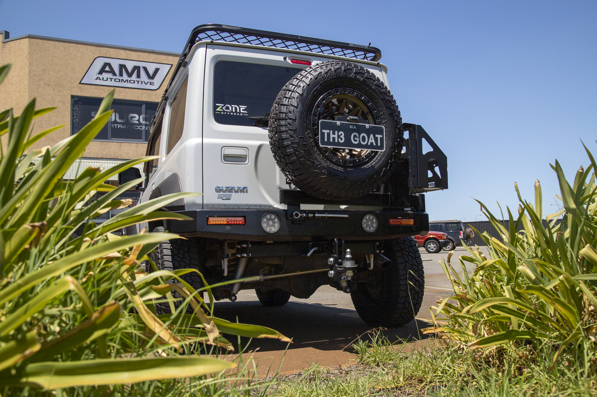 JB74 Suzuki Jimny fitted with Raslarr Rear bar, Revolution Rock Sliders, Azza Bullbar, Manta Performance Exhaust, Tough Dog Suspension, Harrop Performance TVS900 Supercharger, Redarc Tow Pro